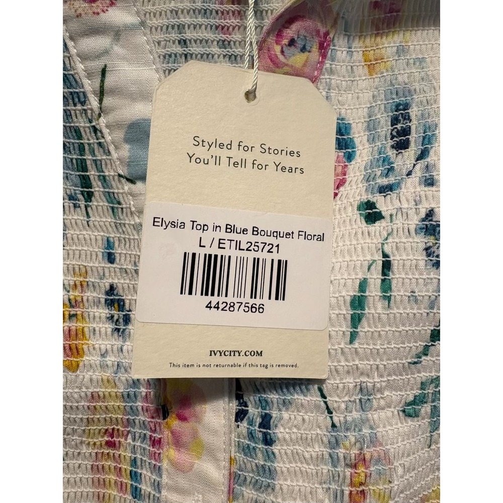 Ivy City Co Elysia Top Smocked Floral Button Down Blue White Cottagecore Large - Picture 5 of 8